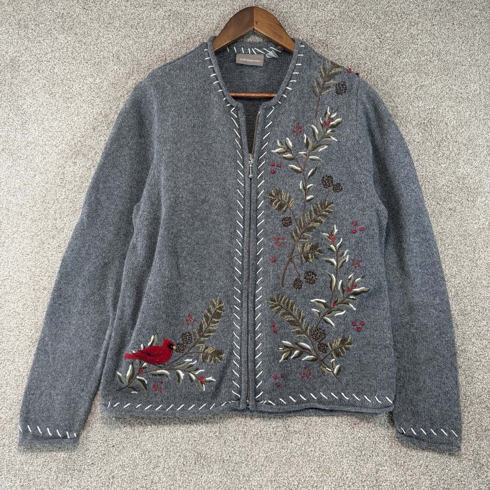 Croft & Borrow Embroidered Gray Bird Sweater L Cottagecore Grandma Christmas